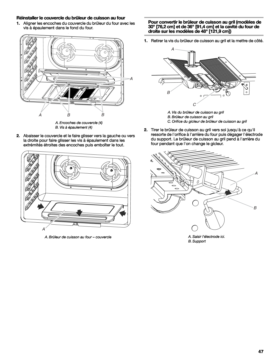 Jenn-Air W10394575A installation instructions Réinstaller le couvercle du brûleur de cuisson au four, A Abb, A B C 
