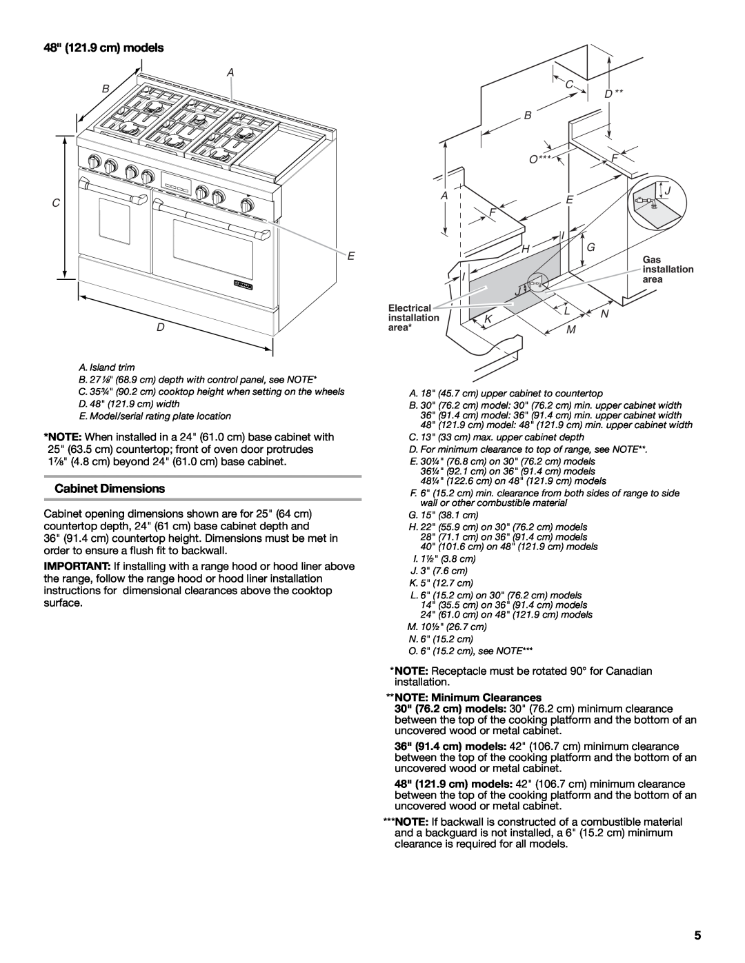 Jenn-Air W10394575A installation instructions 48 121.9 cm models, Cabinet Dimensions, NOTE Minimum Clearances 