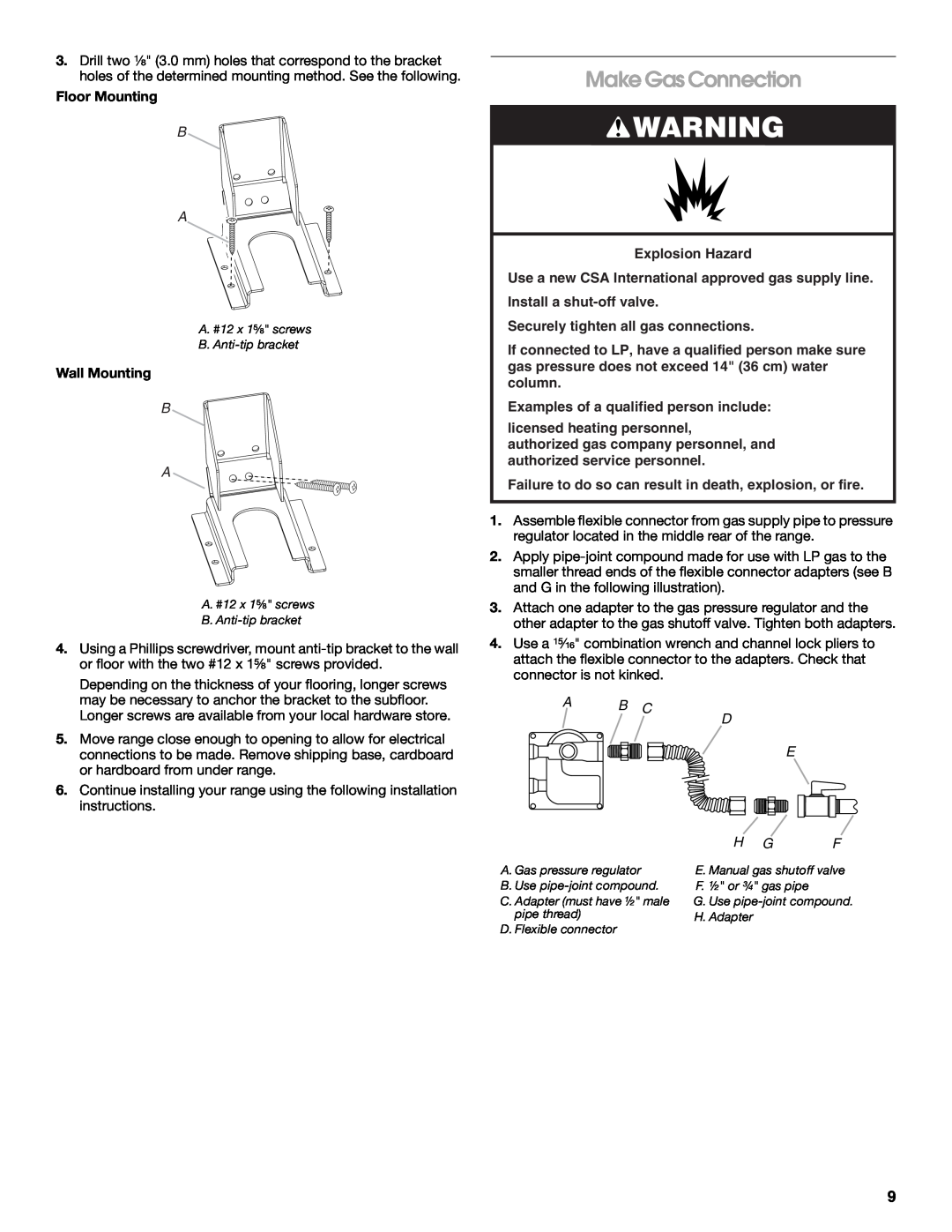 Jenn-Air W10394575A installation instructions Make Gas Connection, Floor Mounting, Wall Mounting, A B C D E 