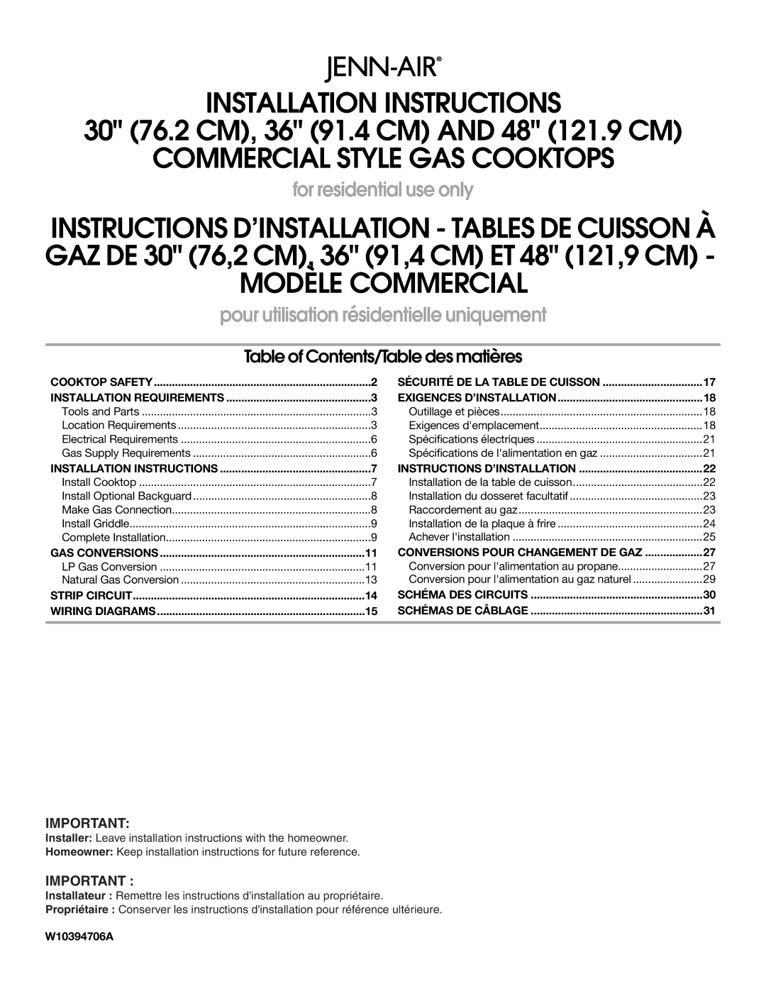 Jenn-Air W10394706A installation instructions Installation Instructions 