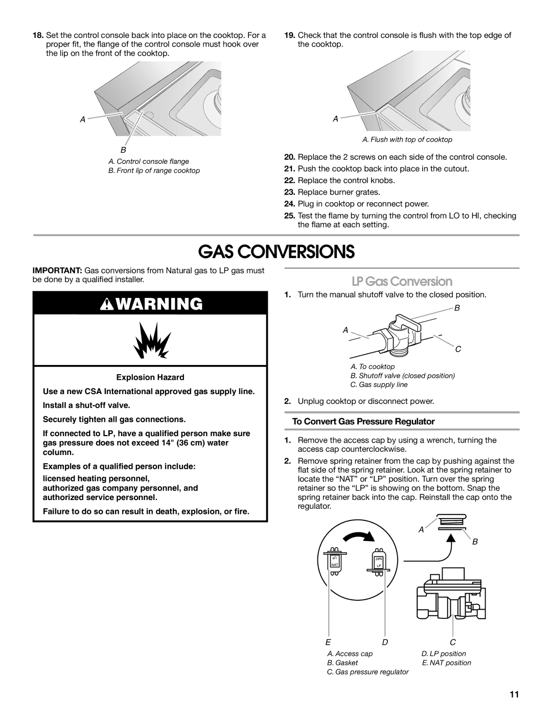 Jenn-Air W10394706A installation instructions GAS Conversions, LP Gas Conversion, To Convert Gas Pressure Regulator 