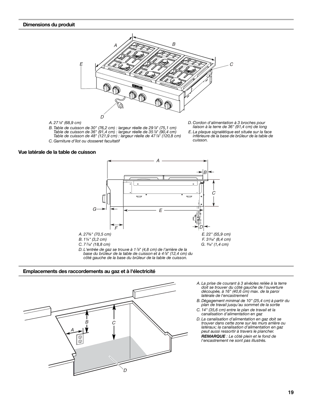 Jenn-Air W10394706A installation instructions Dimensions du produit, Vue latérale de la table de cuisson, 27¹⁄₈ 68,9 cm 