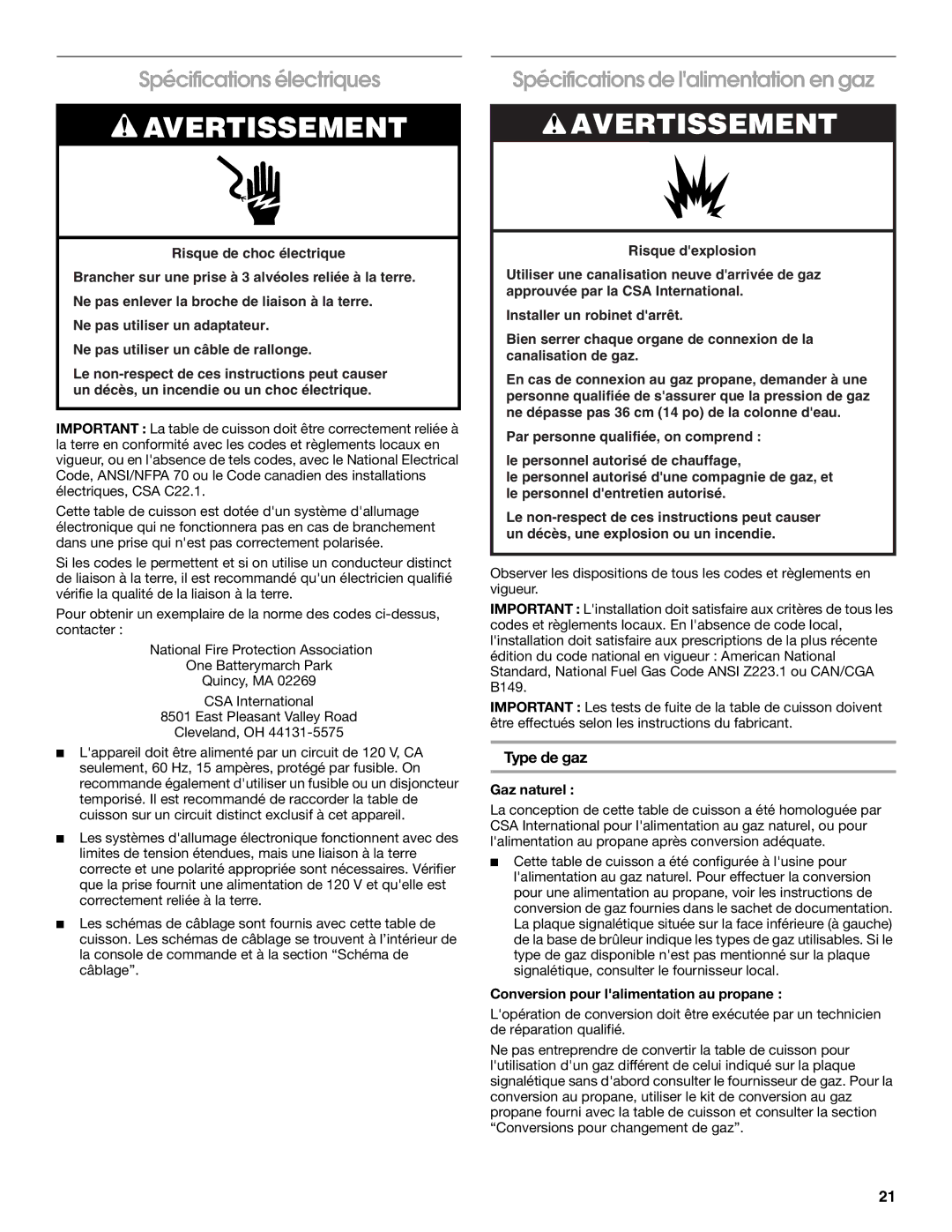 Jenn-Air W10394706A Spécifications électriques, Spécifications de lalimentation en gaz, Type de gaz, Gaz naturel 