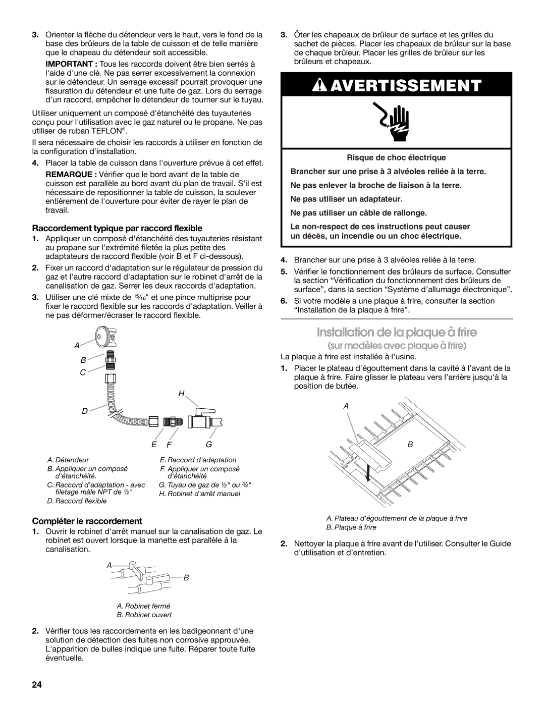 Jenn-Air W10394706A installation instructions Installation de la plaque à frire, Raccordement typique par raccord flexible 