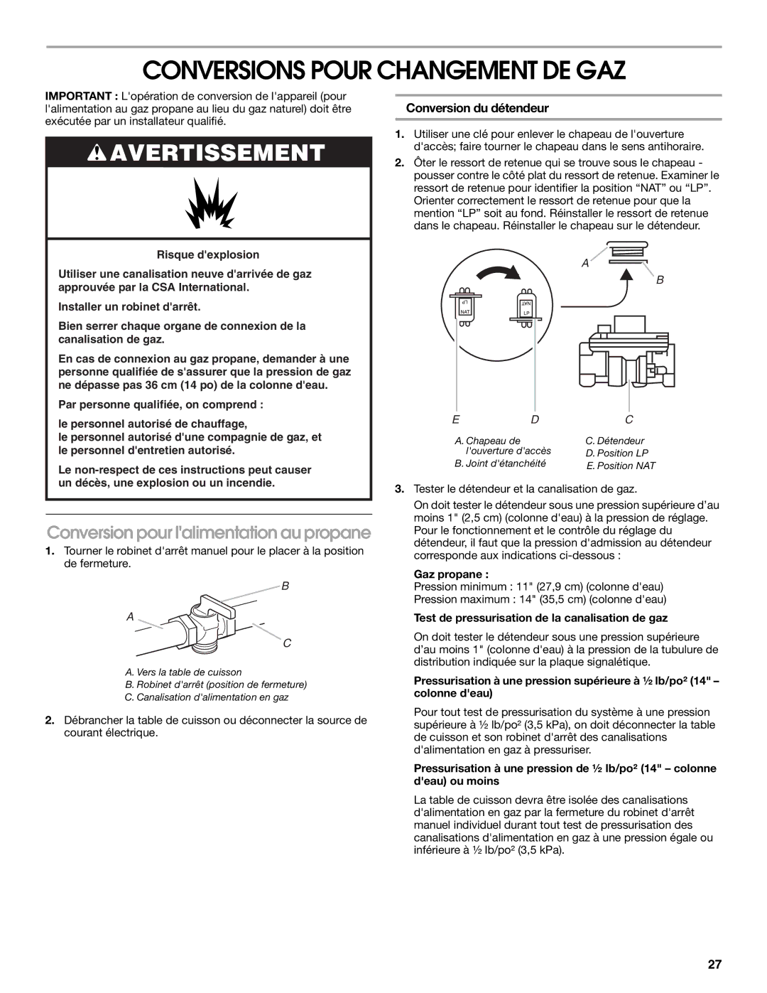 Jenn-Air W10394706A Conversions Pour Changement DE GAZ, Conversion pour lalimentation au propane, Conversion du détendeur 