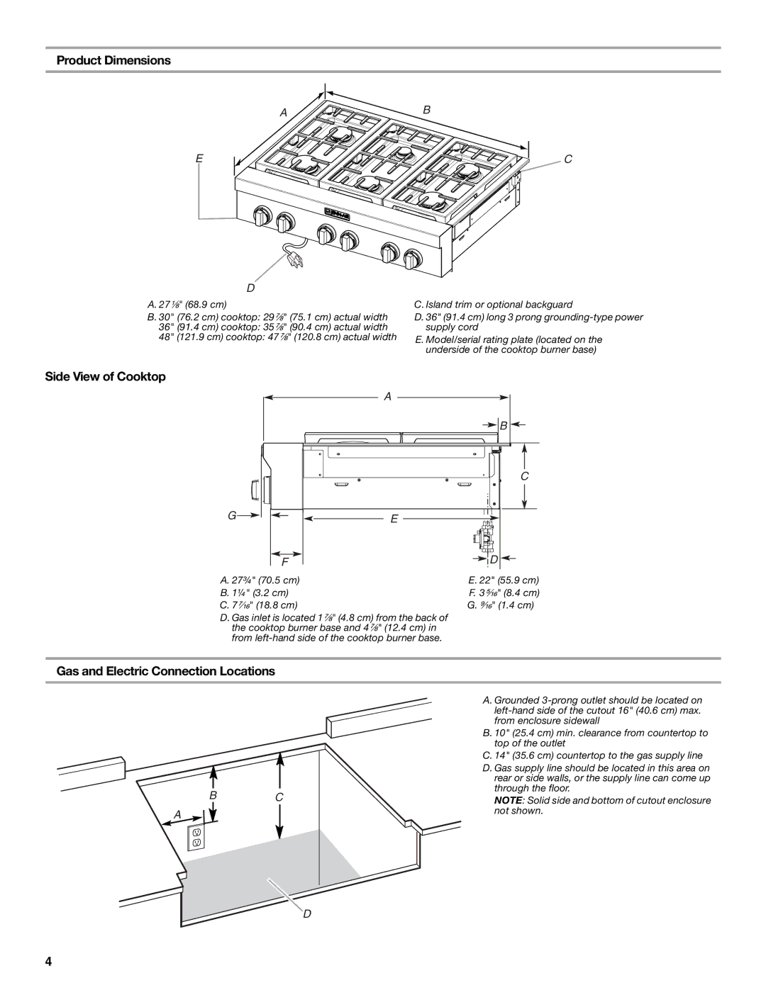 Jenn-Air W10394706A Product Dimensions, Side View of Cooktop, Gas and Electric Connection Locations 