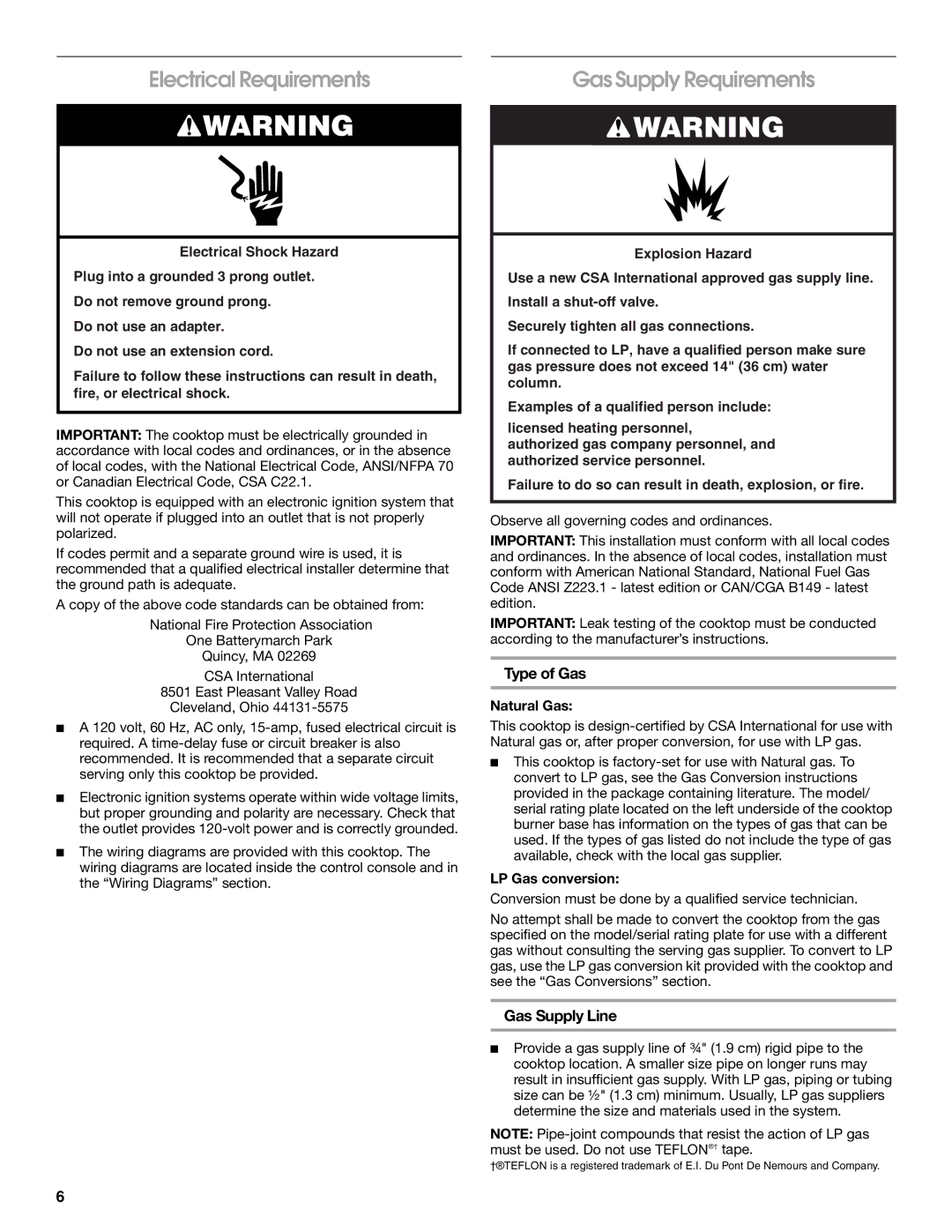 Jenn-Air W10394706A Electrical Requirements, Gas Supply Requirements, Type of Gas, Gas Supply Line 