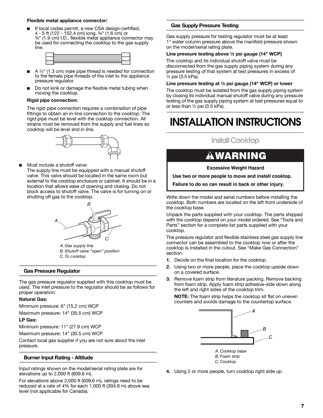 Jenn-Air W10394706A Install Cooktop, Gas Pressure Regulator, Burner Input Rating Altitude, Gas Supply Pressure Testing 