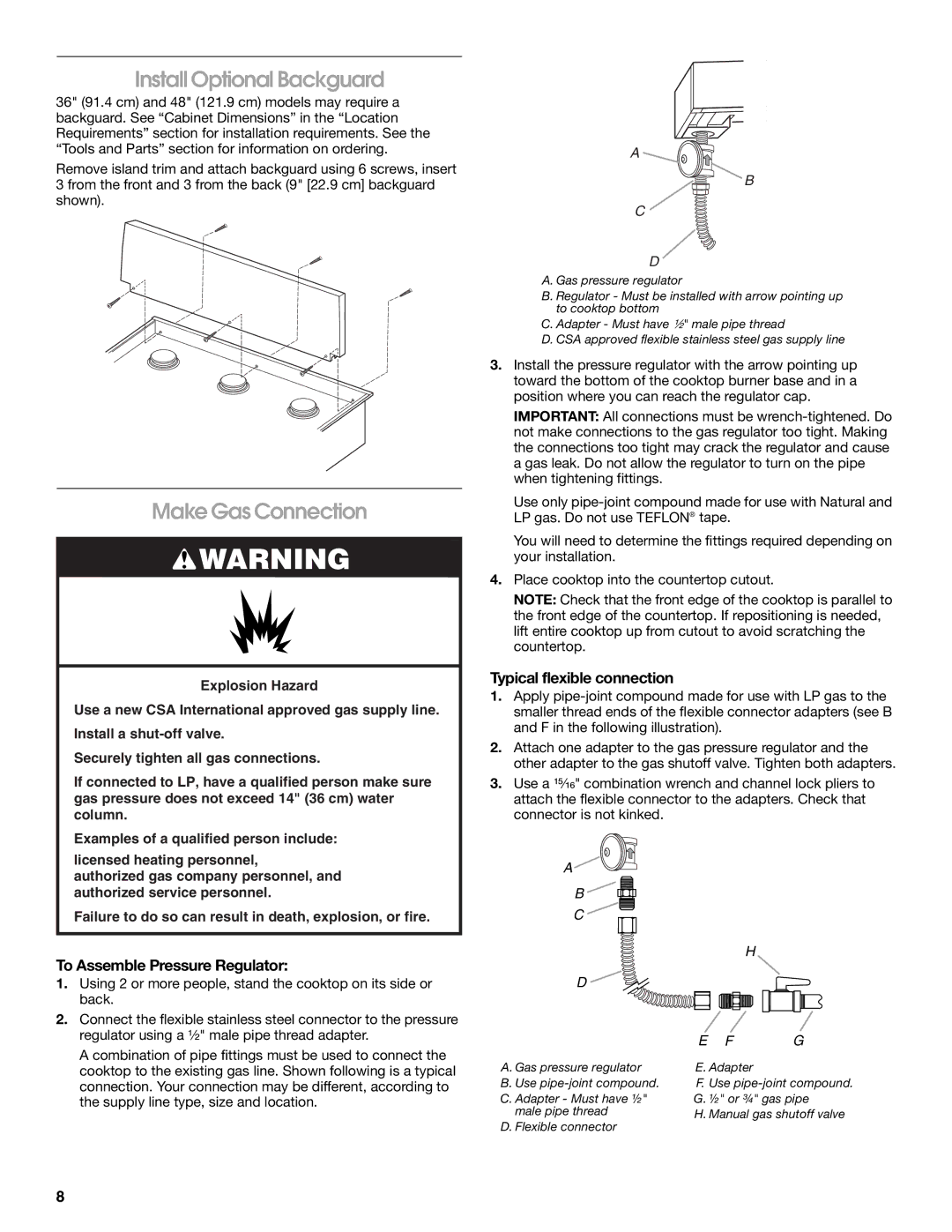 Jenn-Air W10394706A Install Optional Backguard, Make Gas Connection, To Assemble Pressure Regulator 