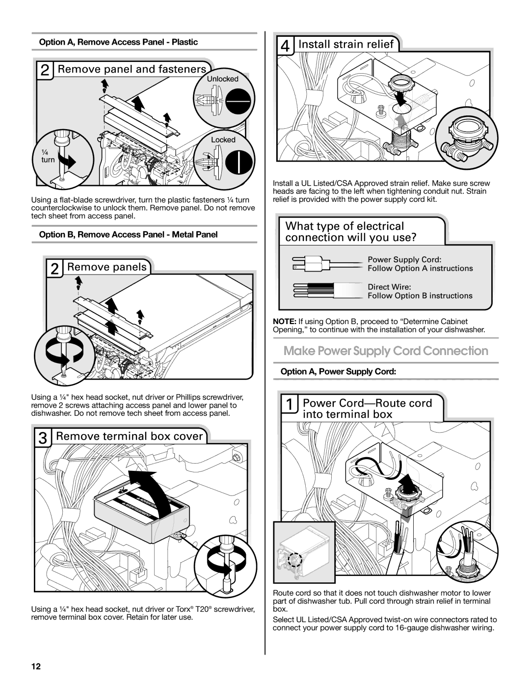 Jenn-Air W10418362B installation instructions Make Power Supply Cord Connection, Option A, Remove Access Panel Plastic 