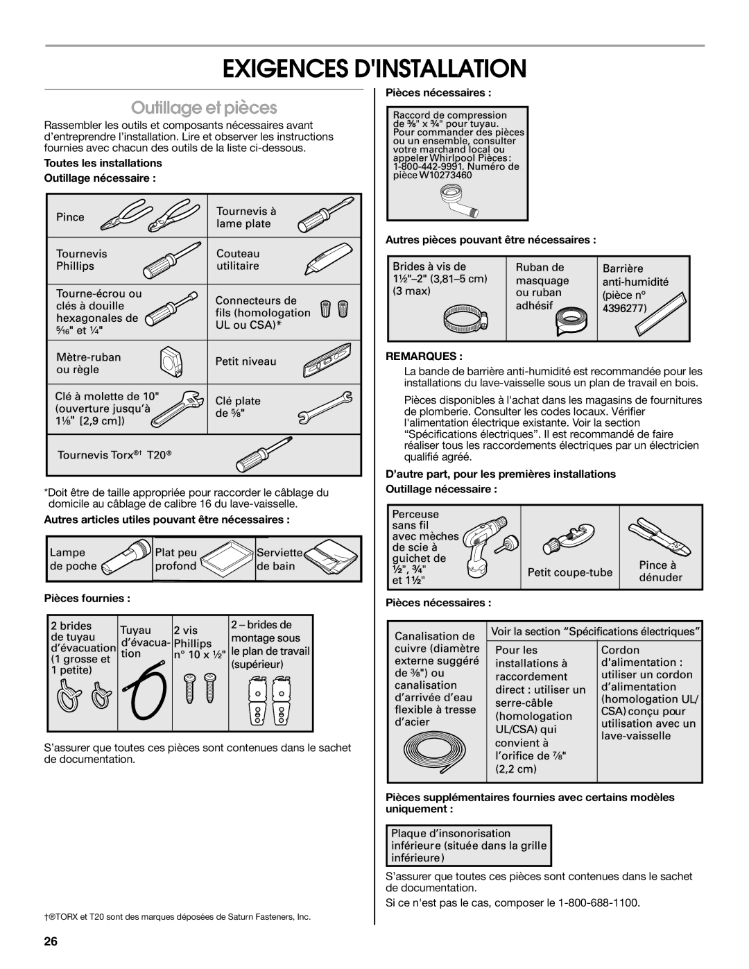 Jenn-Air W10418362B installation instructions Exigences Dinstallation, Outillage et pièces 