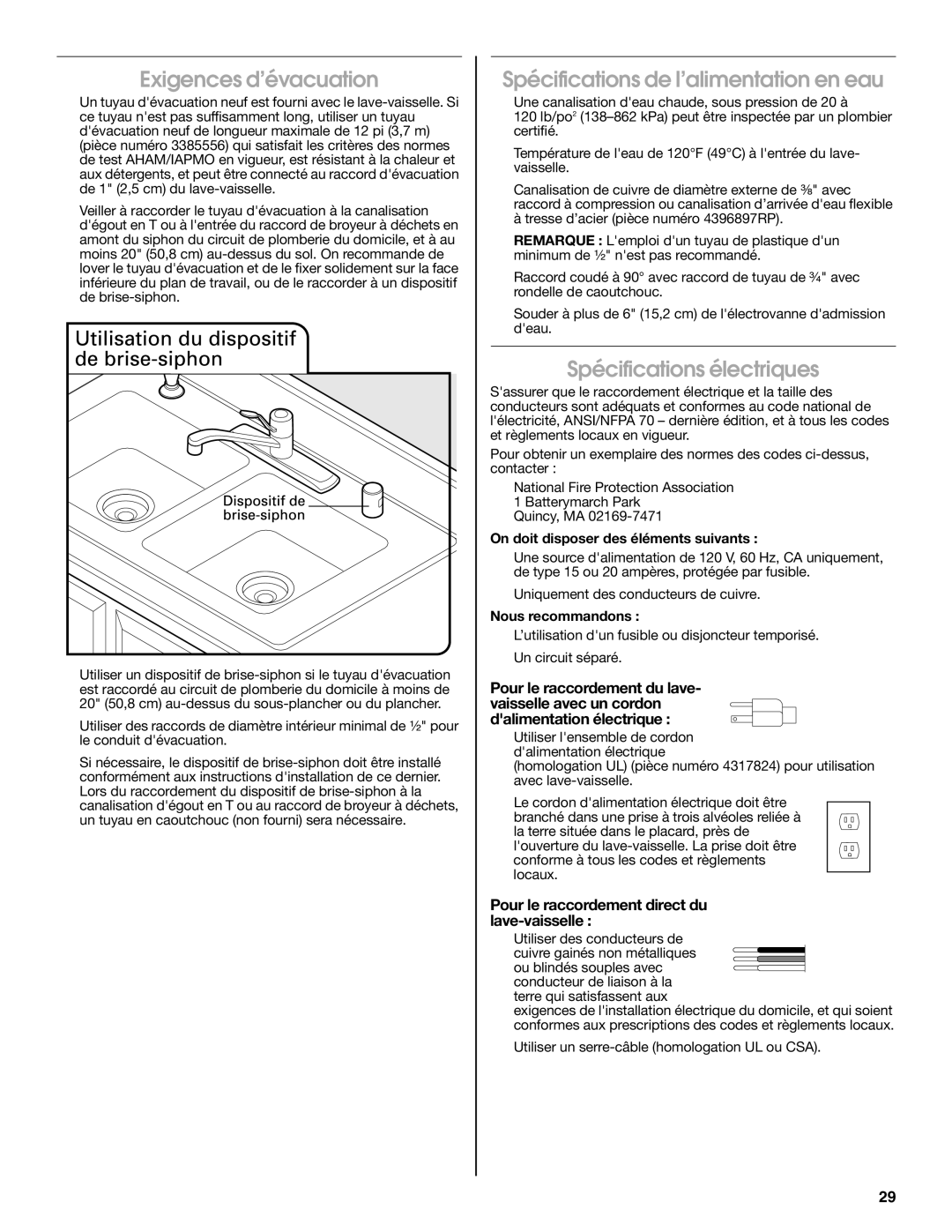 Jenn-Air W10418362B Exigences d’évacuation, Spécifications de l’alimentation en eau, Spécifications électriques 