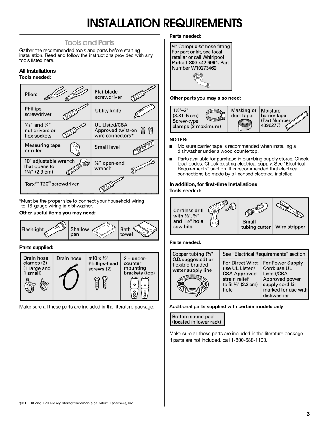 Jenn-Air W10418362B installation instructions Tools and Parts, All Installations, Addition, for first-time installations 