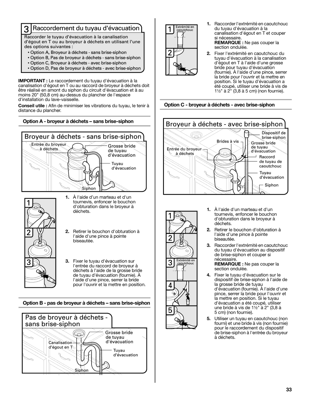 Jenn-Air W10418362B Option a broyeur à déchets sans brise-siphon, Option B pas de broyeur à déchets sans brise-siphon 