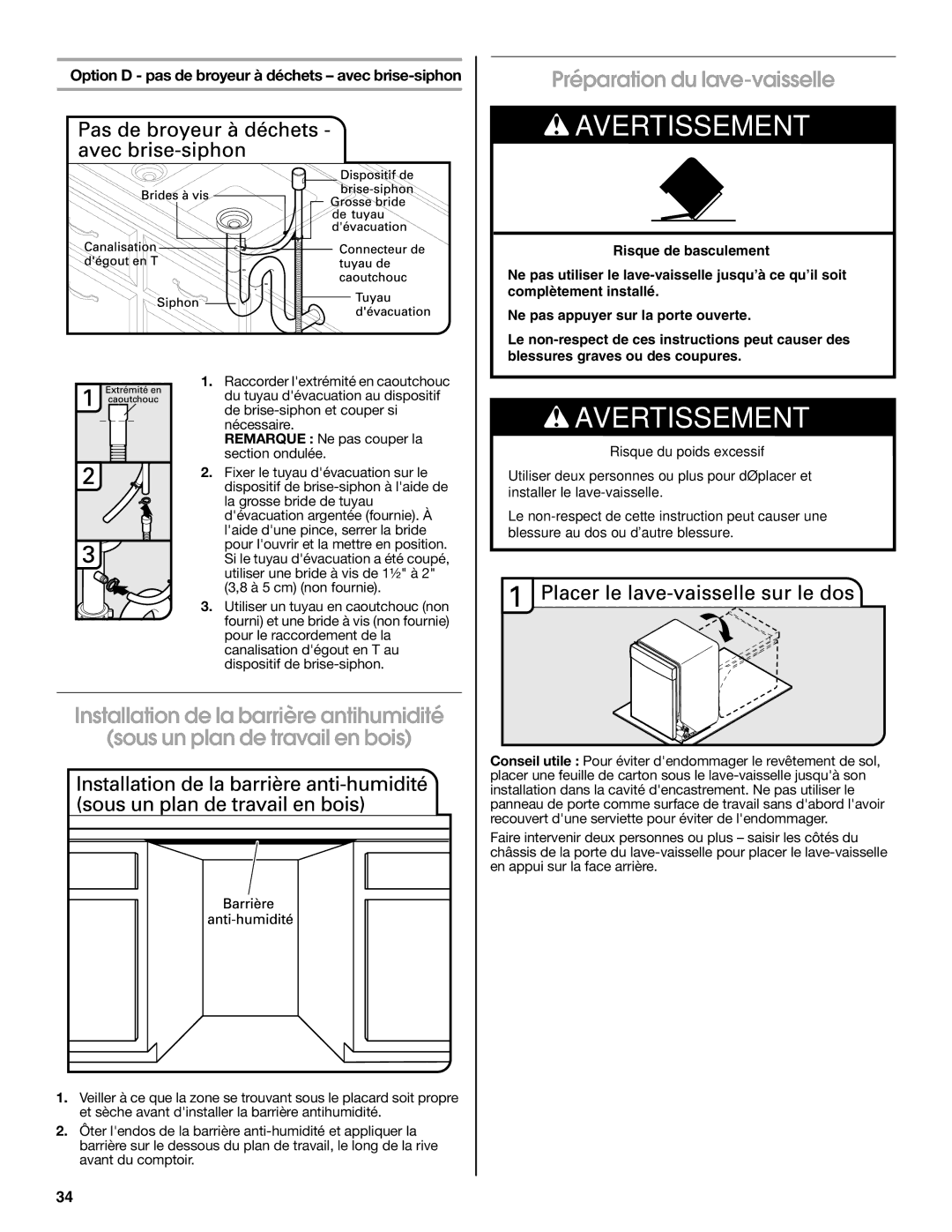 Jenn-Air W10418362B Préparation du lave-vaisselle, Option D pas de broyeur à déchets avec brise-siphon 