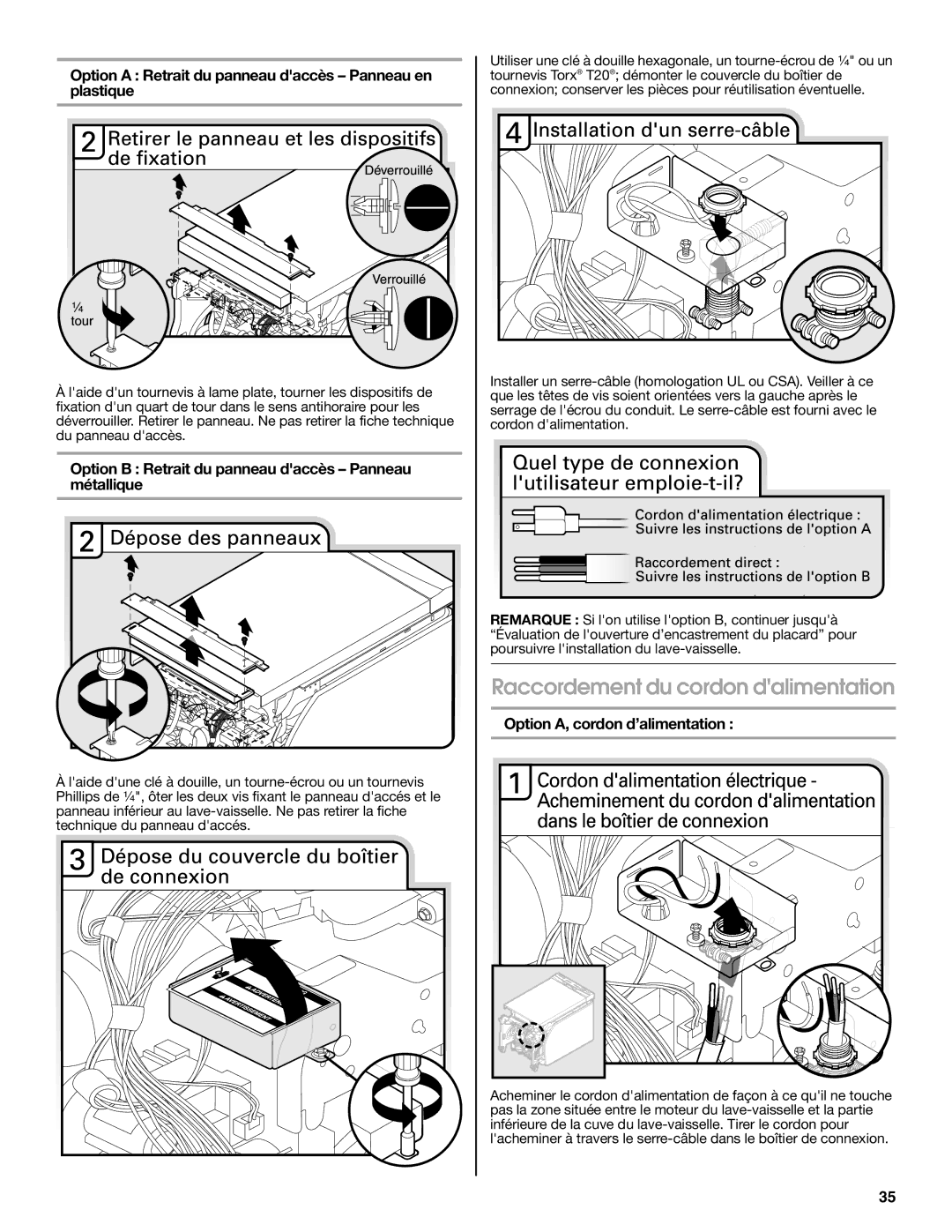 Jenn-Air W10418362B Raccordement du cordon dalimentation, Option a Retrait du panneau daccès Panneau en plastique 