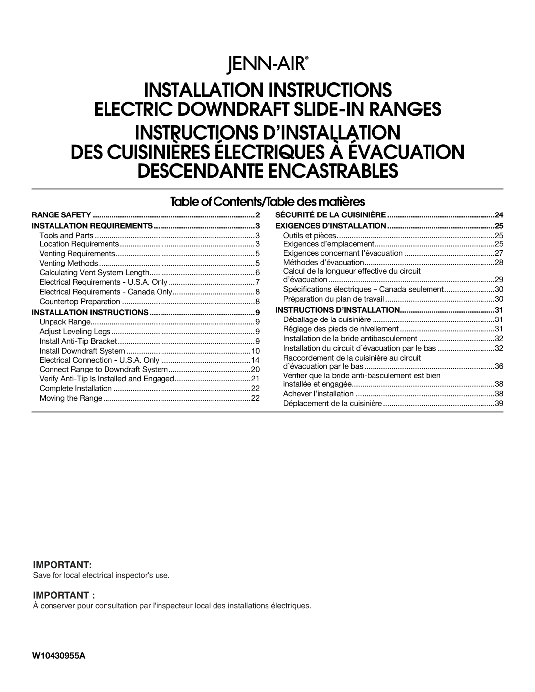 Jenn-Air W10430955A installation instructions Table of Contents/Table des matières 