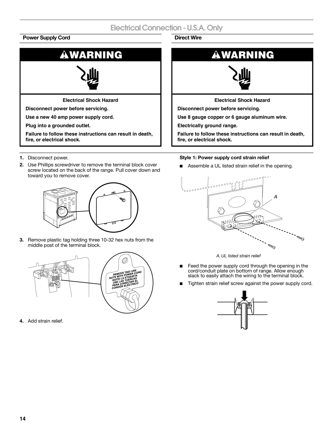 Jenn-Air W10430955A installation instructions Electrical Connection U.S.A. Only, Power Supply Cord Direct Wire 