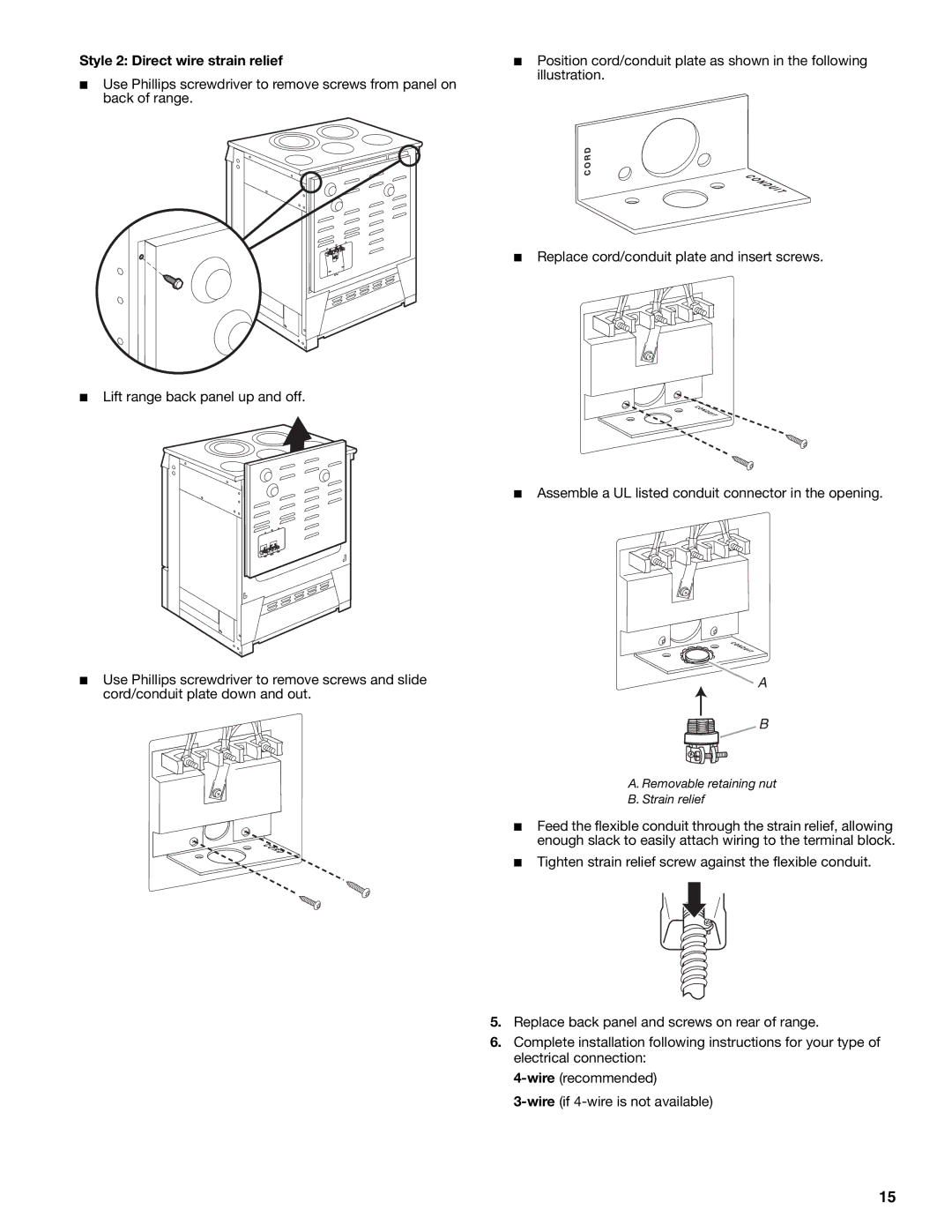 Jenn-Air W10430955A installation instructions Style 2 Direct wire strain relief, Removable retaining nut Strain relief 