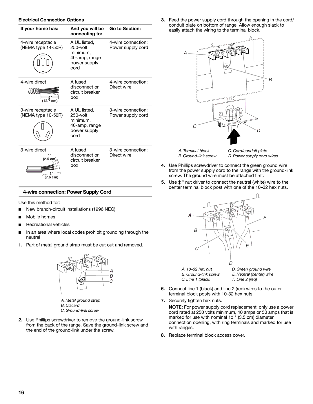 Jenn-Air W10430955A installation instructions Wire connection Power Supply Cord 