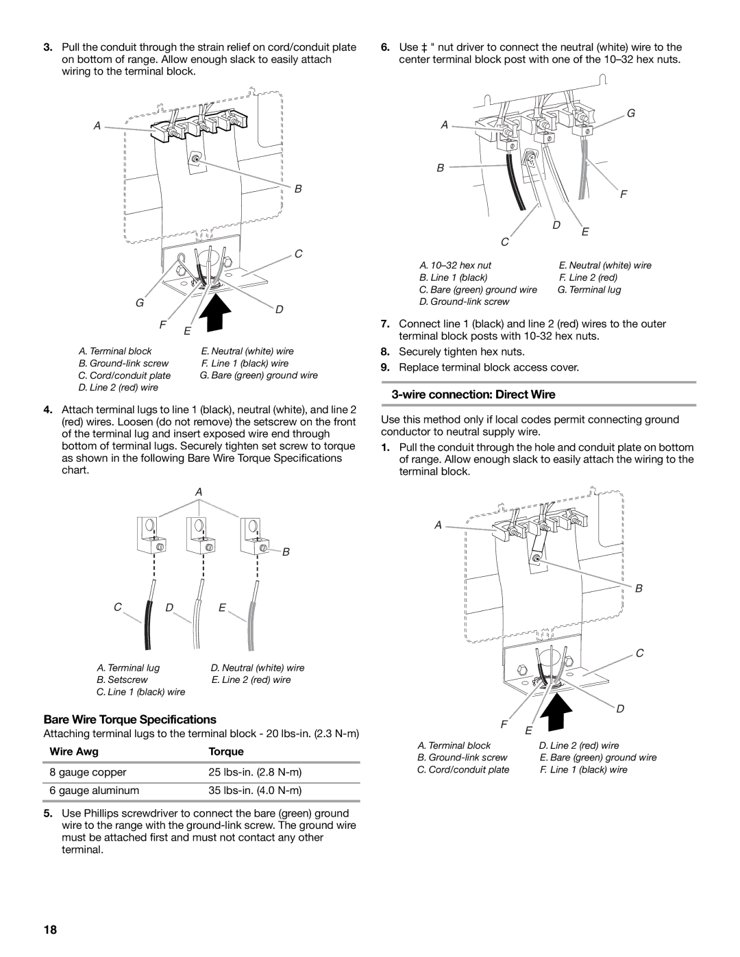 Jenn-Air W10430955A installation instructions Bare Wire Torque Specifications, Wire Awg Torque 