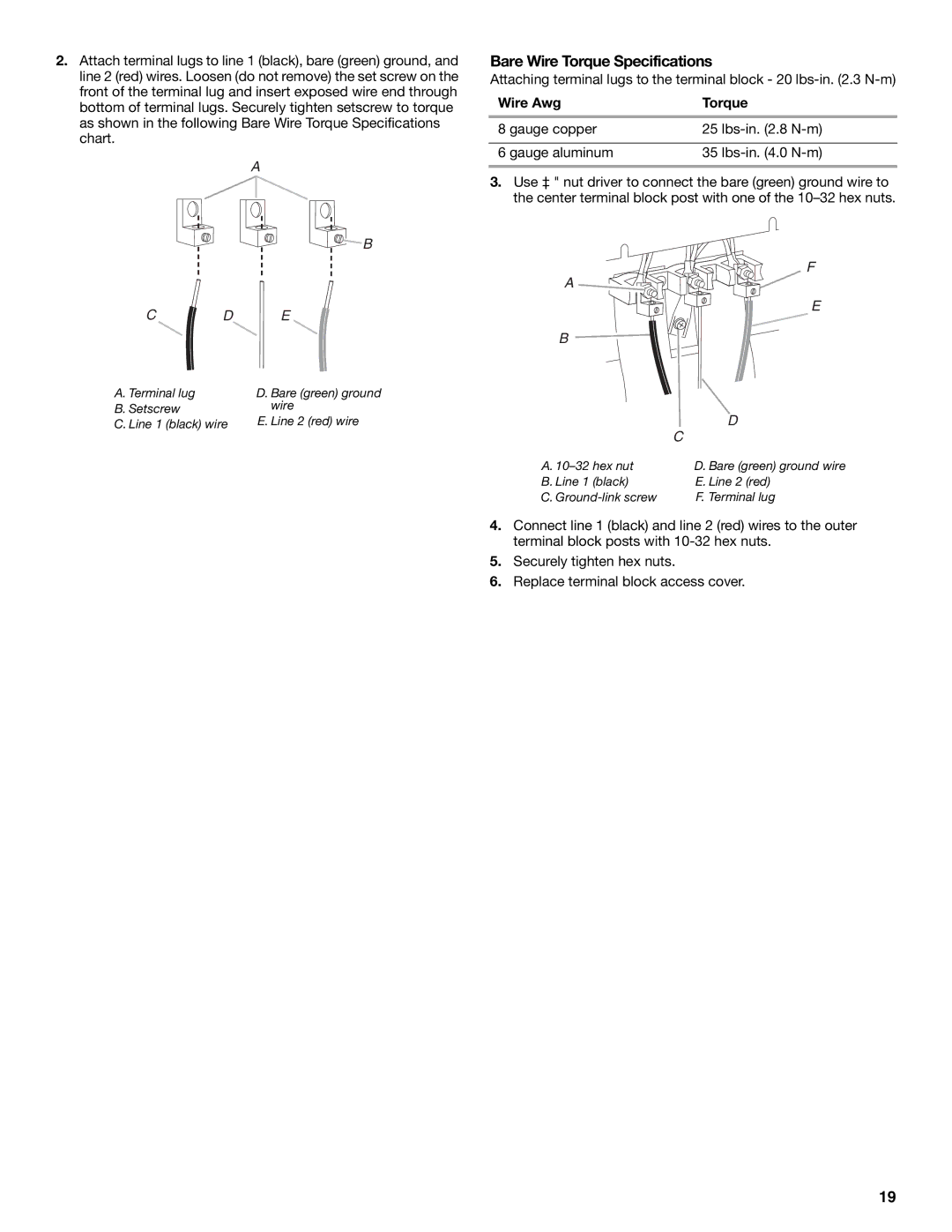 Jenn-Air W10430955A installation instructions Gauge copper Lbs-in .8 N-m Gauge aluminum Lbs-in .0 N-m 