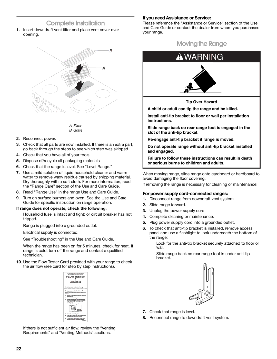 Jenn-Air W10430955A installation instructions Complete Installation, Moving the Range, If you need Assistance or Service 