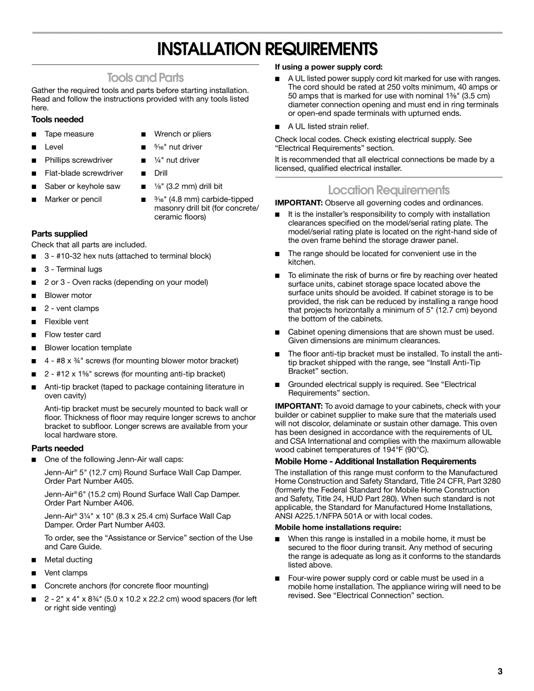 Jenn-Air W10430955A installation instructions Installation Requirements, Tools and Parts, Location Requirements 