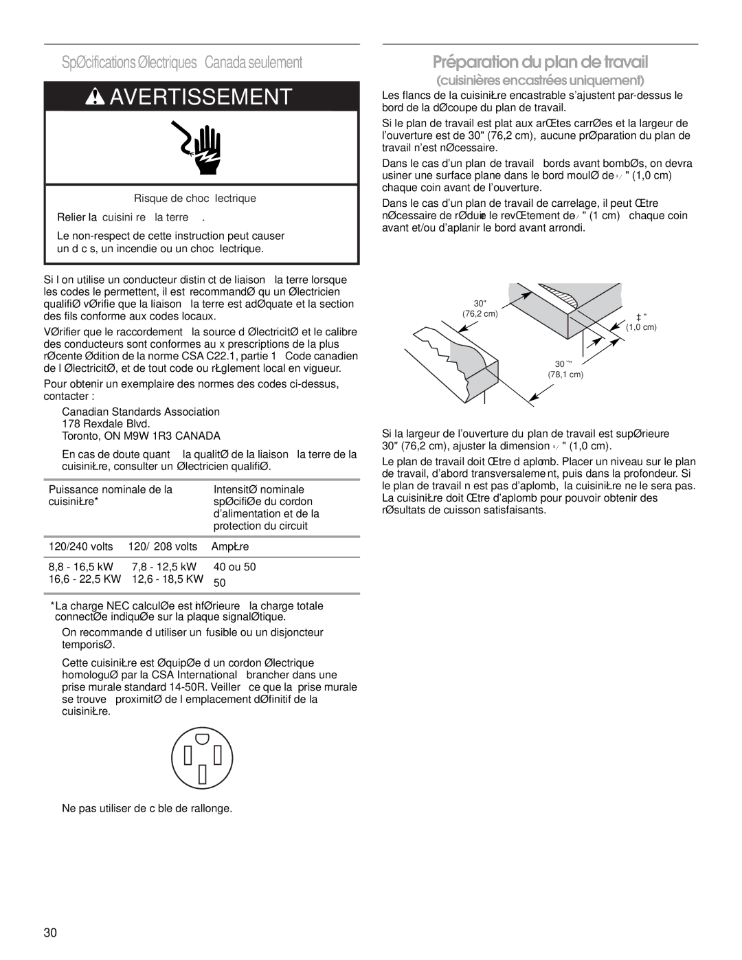 Jenn-Air W10430955A installation instructions Préparation du plan de travail, Cuisinières encastrées uniquement 