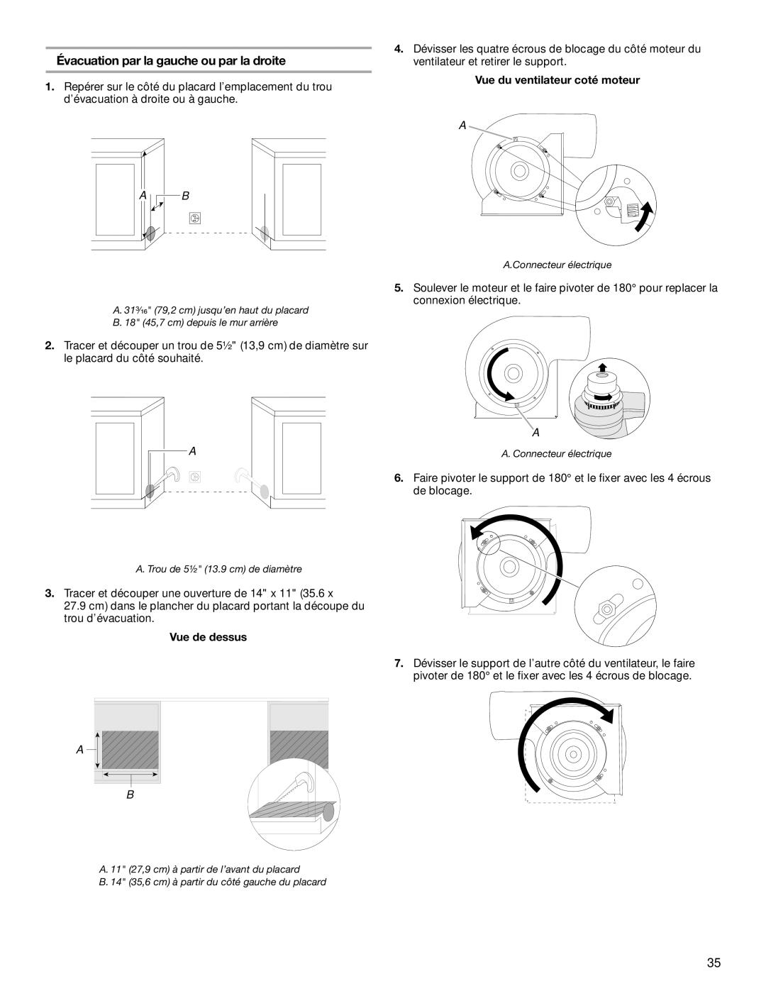 Jenn-Air W10430955A installation instructions Évacuation par la gauche ou par la droite, Vue du ventilateur coté moteur 