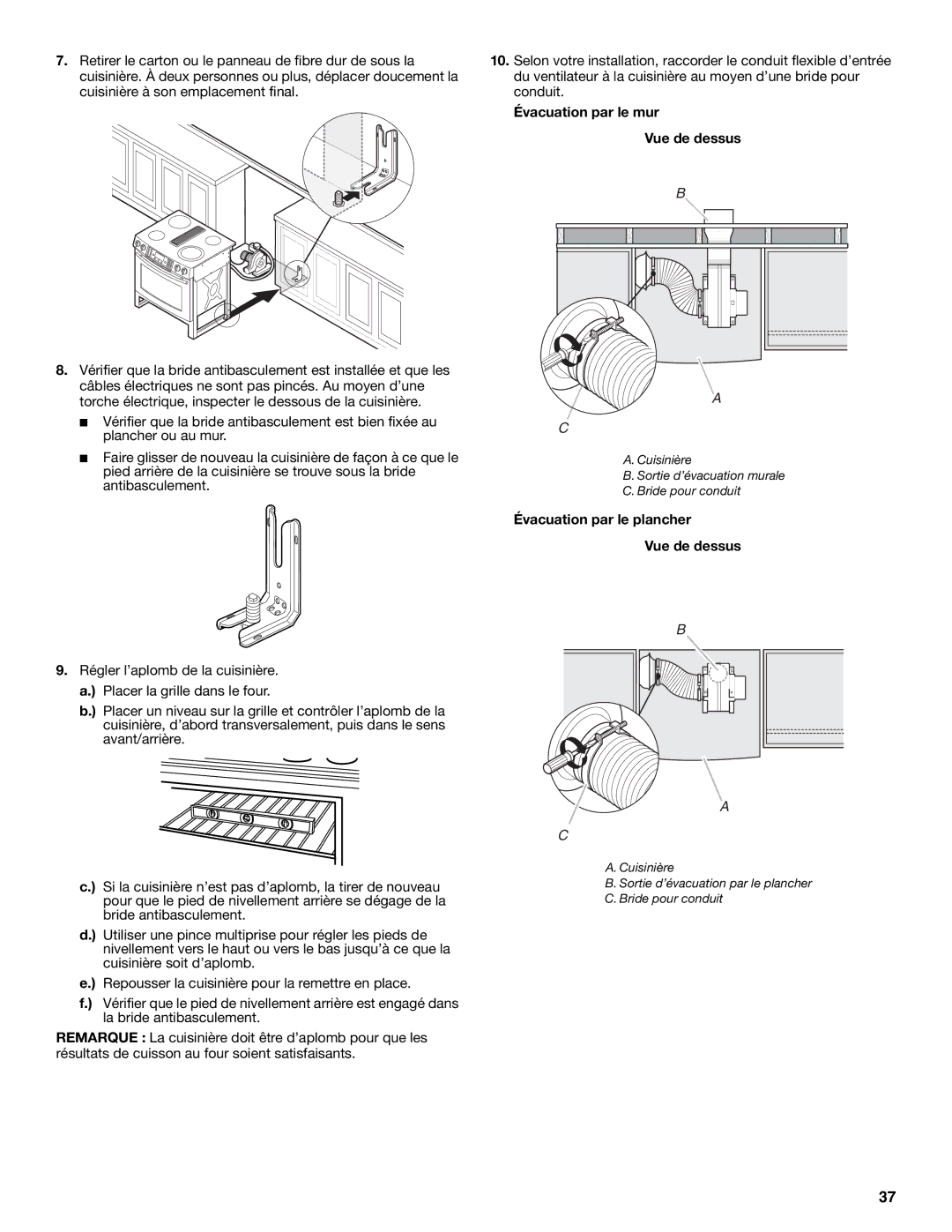 Jenn-Air W10430955A installation instructions Évacuation par le mur Vue de dessus, Évacuation par le plancher Vue de dessus 