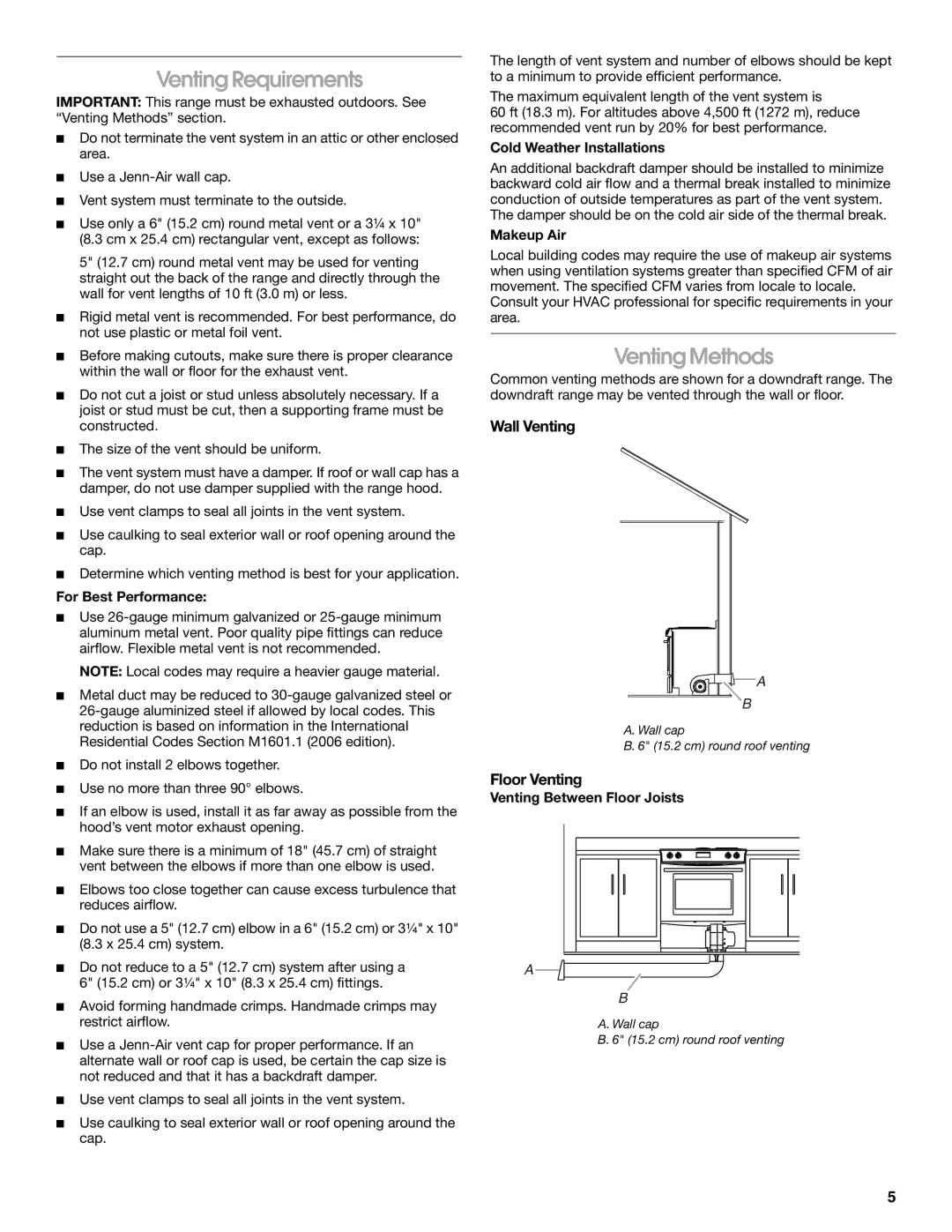 Jenn-Air W10430955A installation instructions Venting Requirements, Venting Methods, Wall Venting, Floor Venting 