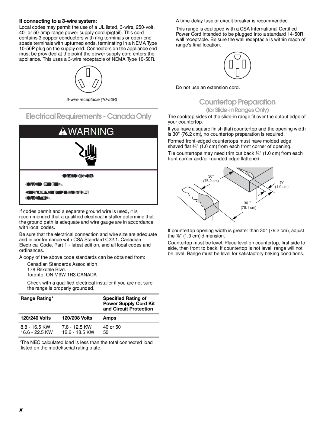 Jenn-Air W10430955A Electrical Requirements Canada Only, Countertop Preparation, If connecting to a 3-wire system 