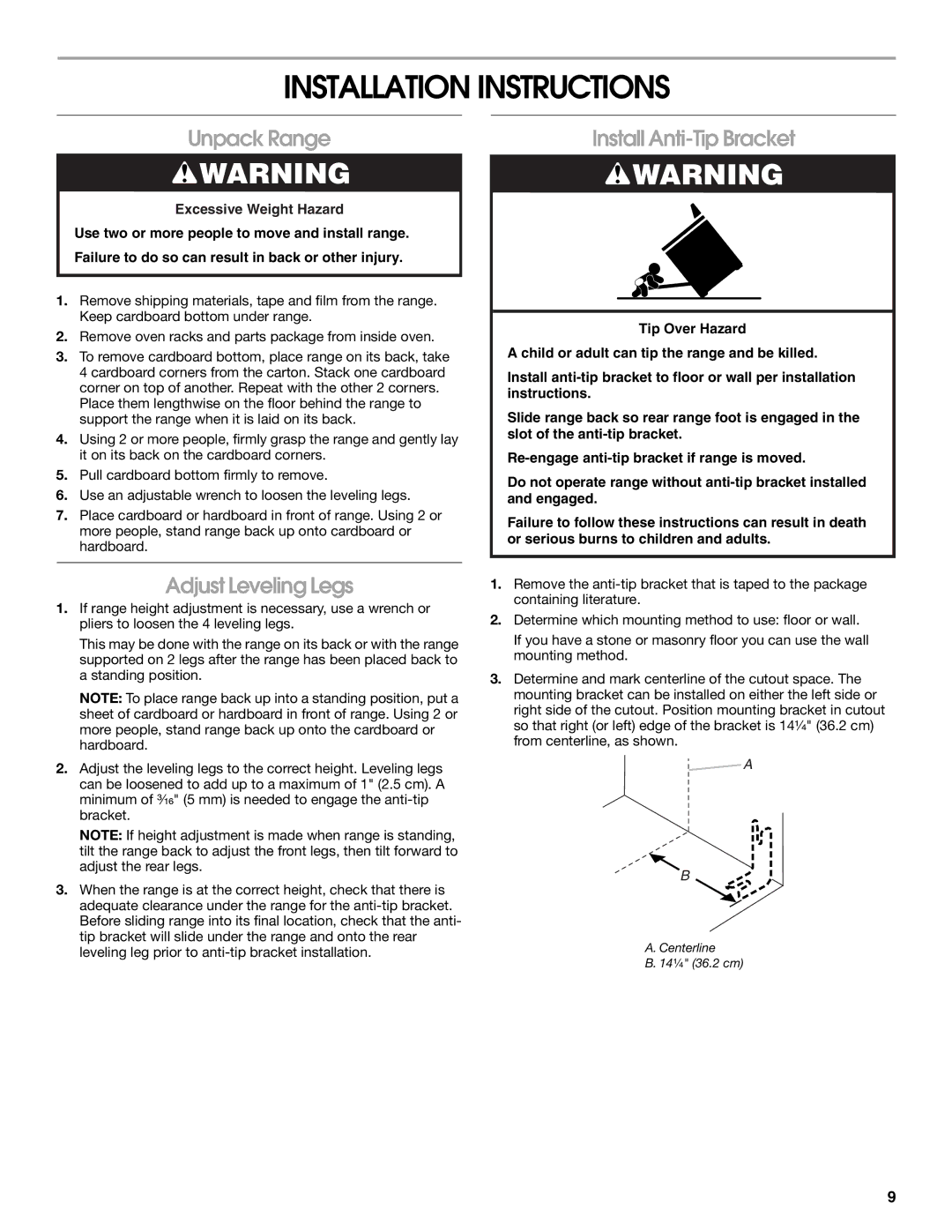 Jenn-Air W10430955A Installation Instructions, Unpack Range, Adjust Leveling Legs, Install Anti-Tip Bracket 