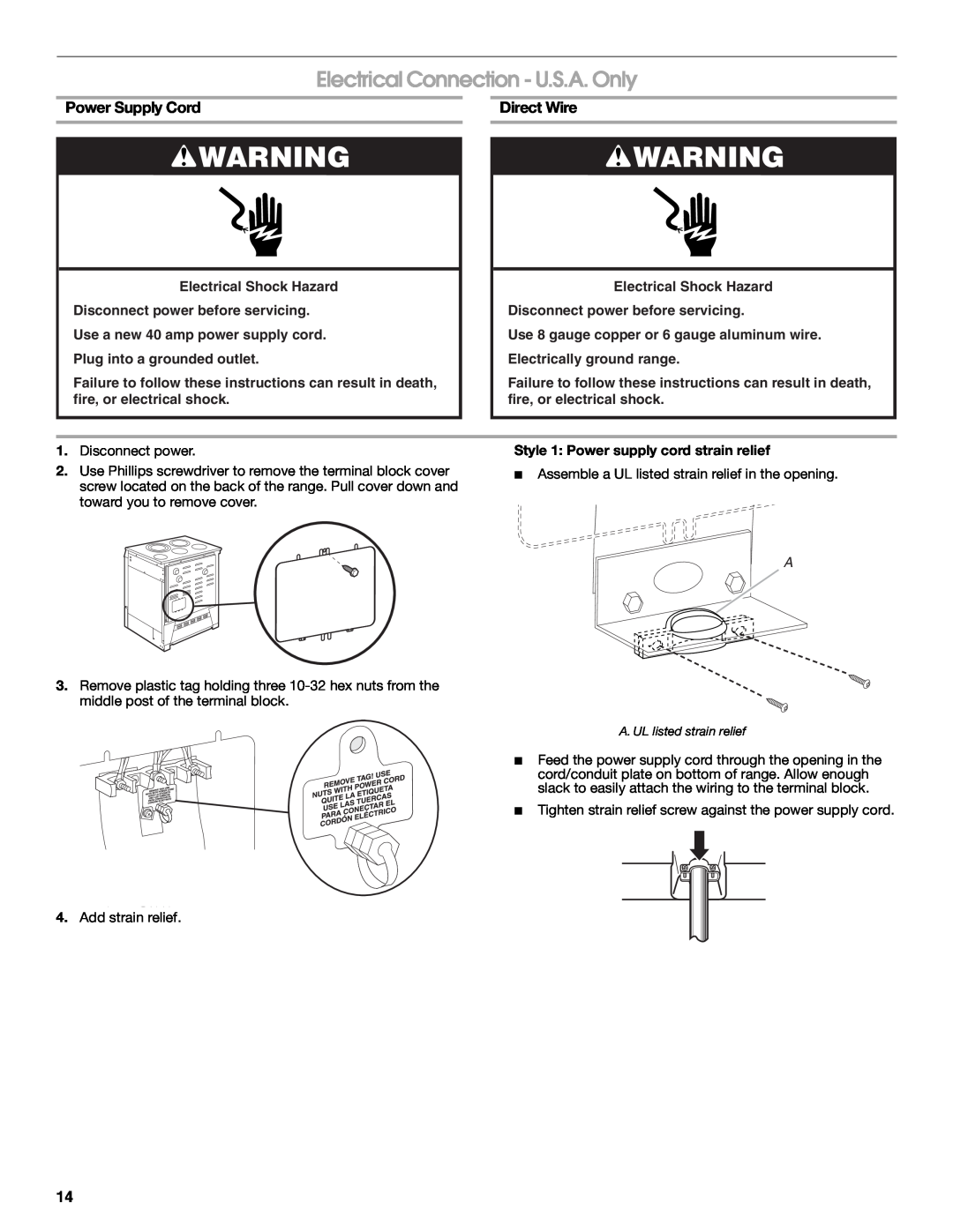 Jenn-Air W10430955A installation instructions Electrical Connection - U.S.A. Only, Power Supply Cord, Direct Wire 