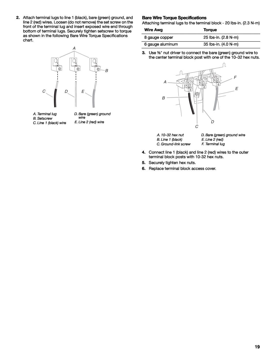 Jenn-Air W10430955A installation instructions Bare Wire Torque Specifications, A B C D E, gauge copper 
