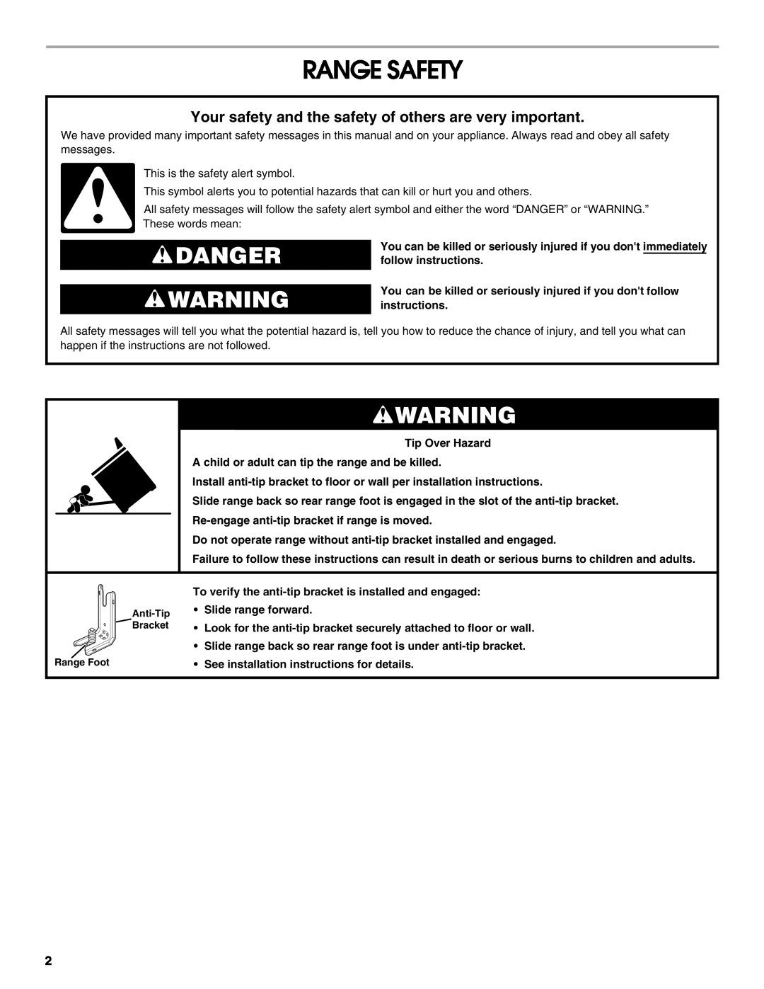 Jenn-Air W10430955A installation instructions Range Safety, Danger 