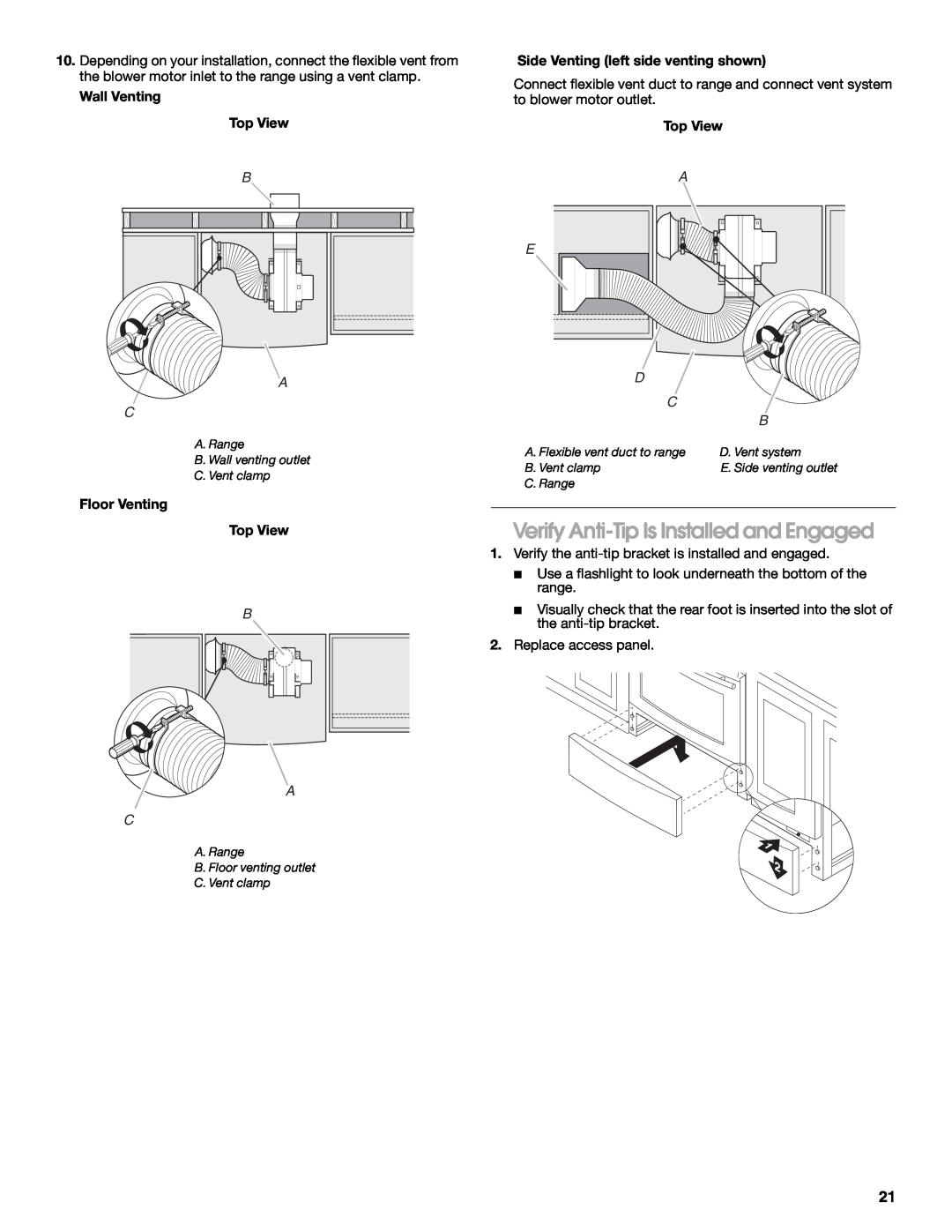 Jenn-Air W10430955A Verify Anti-TipIs Installed and Engaged, B A C, Wall Venting Top View, Floor Venting Top View 