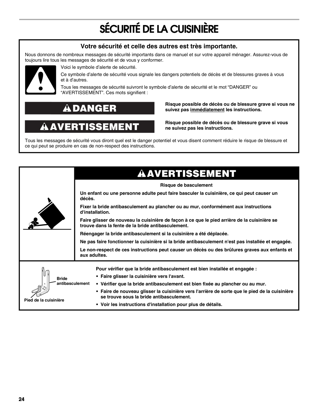 Jenn-Air W10430955A installation instructions Sécurité De La Cuisinière, Danger Avertissement 