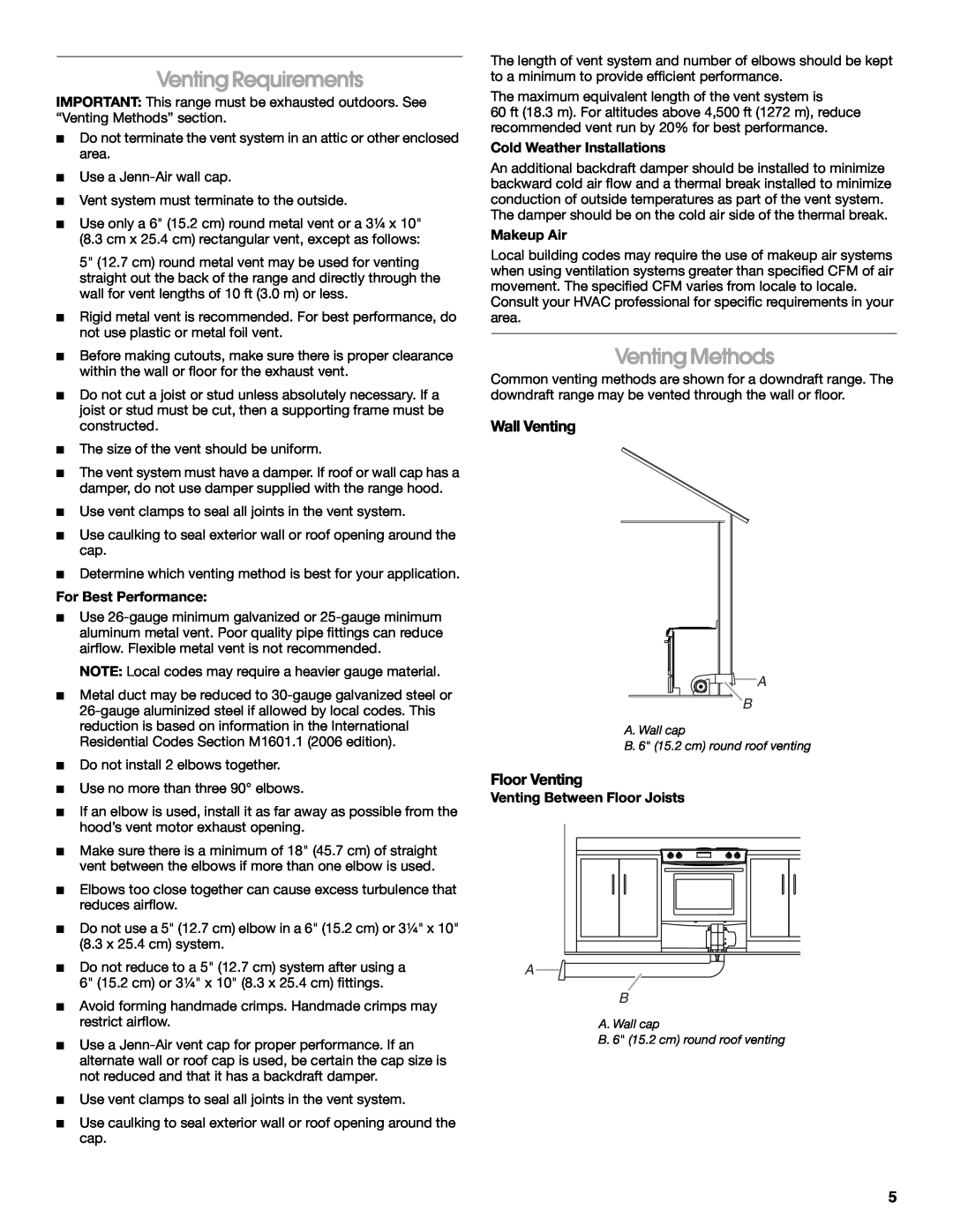 Jenn-Air W10430955A installation instructions Venting Requirements, Venting Methods, Wall Venting, Floor Venting 