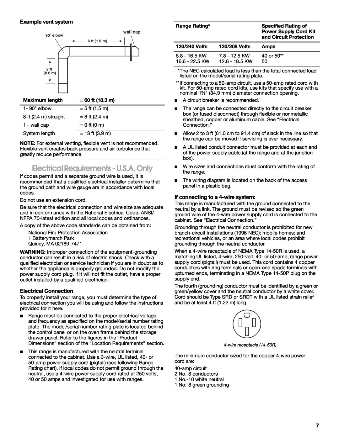 Jenn-Air W10430955A Electrical Requirements - U.S.A. Only, Example vent system, Electrical Connection 