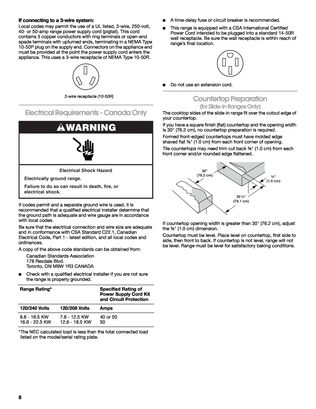 Jenn-Air W10430955A Electrical Requirements - Canada Only, Countertop Preparation, for Slide-inRanges Only 