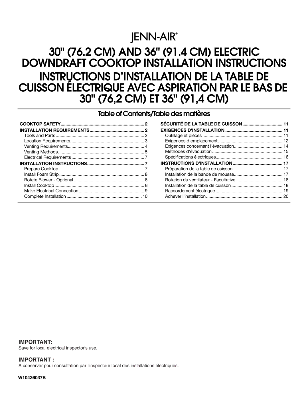 Jenn-Air W10436037B installation instructions 30 76.2 CM and 36 91.4 CM Electric 