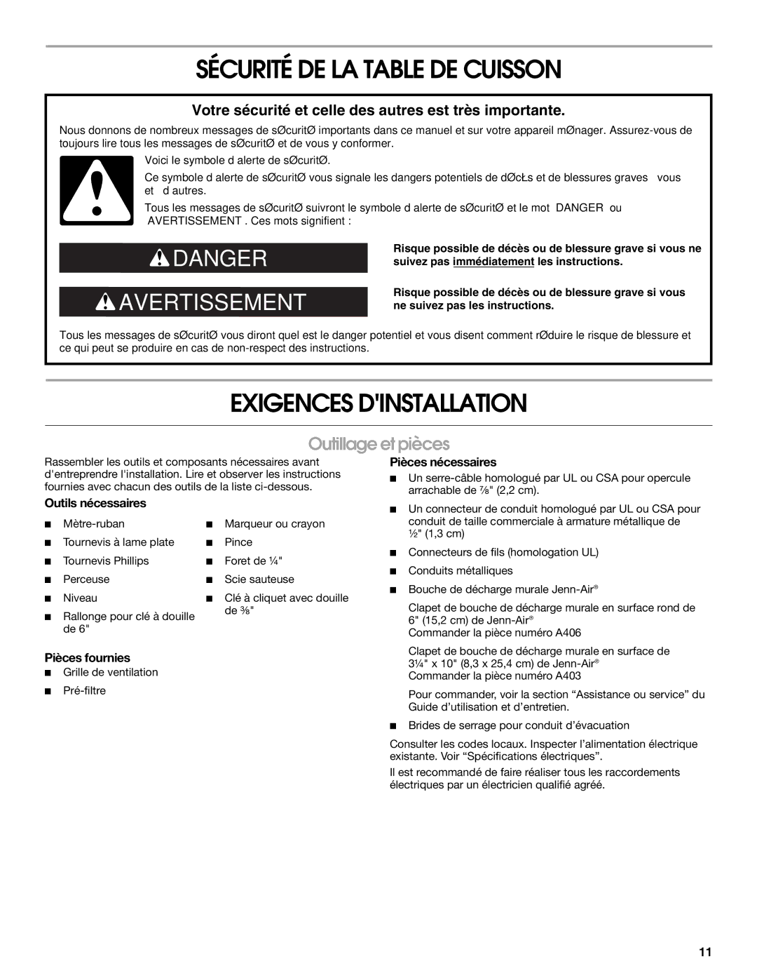 Jenn-Air W10436037B installation instructions Sécurité DE LA Table DE Cuisson, Exigences Dinstallation, Outillage et pièces 