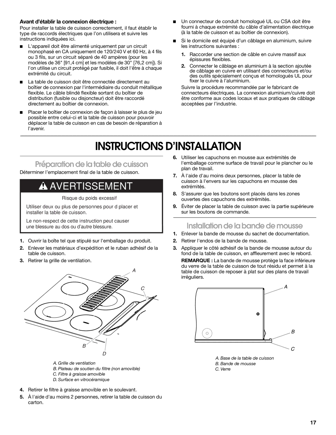 Jenn-Air W10436037B Instructions D’INSTALLATION, Préparation de la table de cuisson, Installation de la bande de mousse 