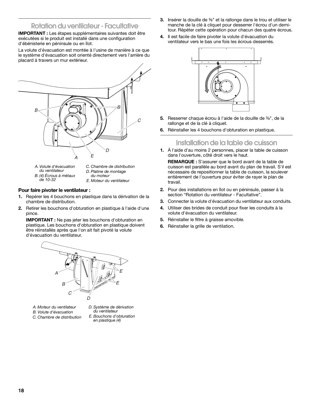 Jenn-Air W10436037B installation instructions Rotation du ventilateur Facultative, Installation de la table de cuisson 