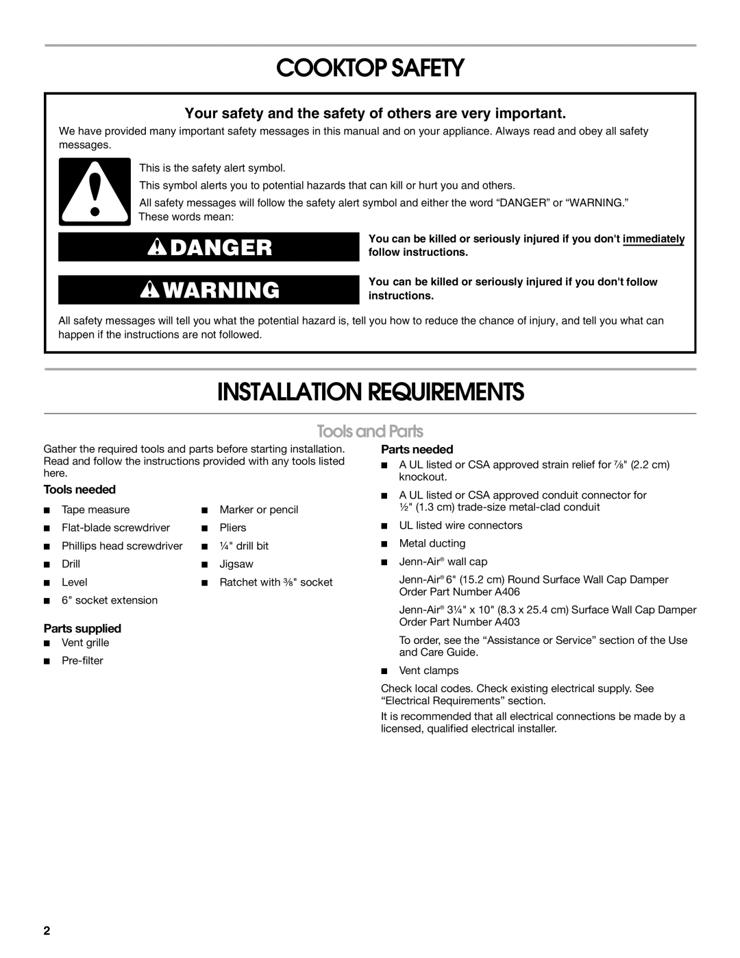 Jenn-Air W10436037B installation instructions Cooktop Safety, Installation Requirements, Tools and Parts 