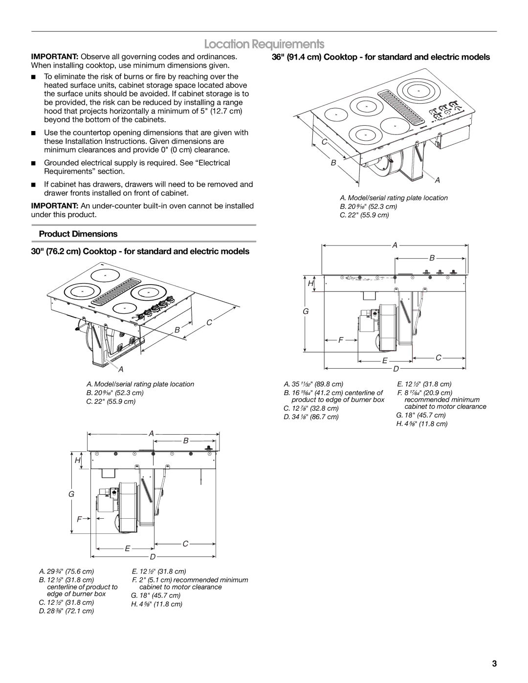 Jenn-Air W10436037B installation instructions Location Requirements, 36 91.4 cm Cooktop for standard and electric models 