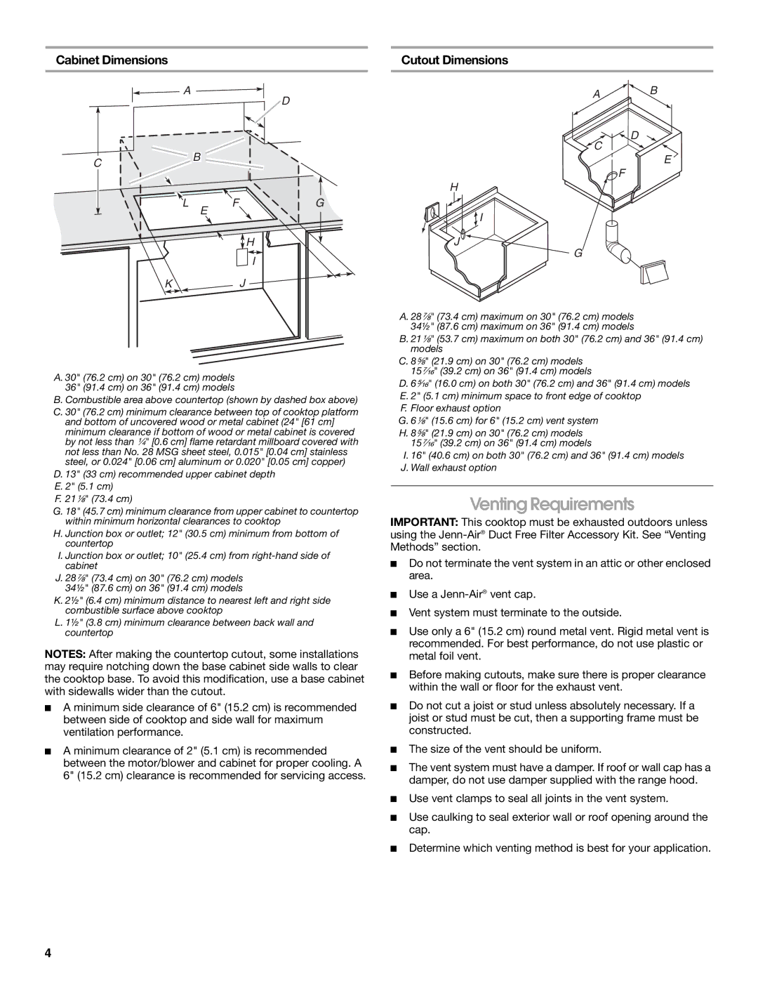 Jenn-Air W10436037B installation instructions Venting Requirements, Cabinet Dimensions, Cutout Dimensions 