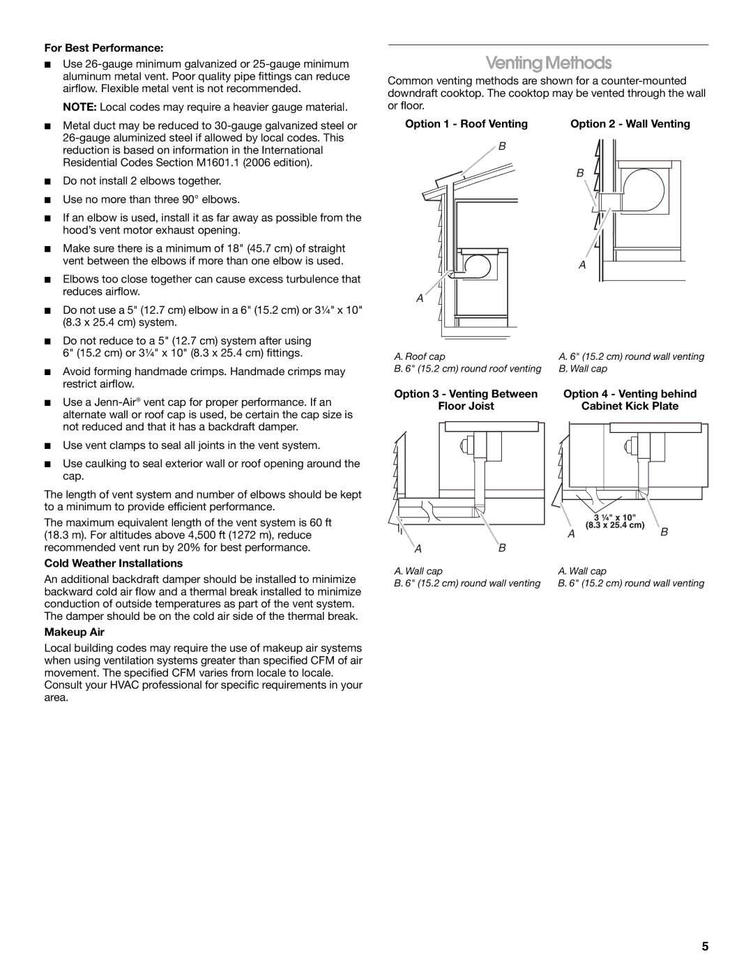 Jenn-Air W10436037B Venting Methods, For Best Performance, Option 1 Roof Venting Option 2 Wall Venting, Makeup Air 